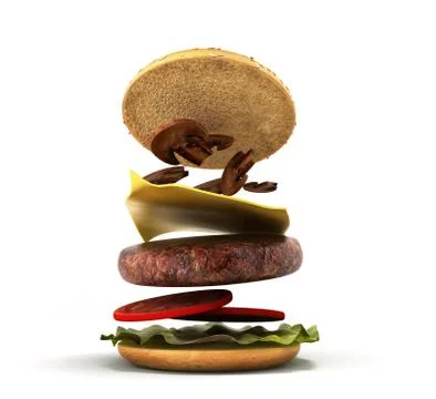 Opening of the American hamburger 3d render on white Stock Illustration