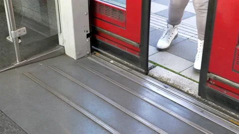 Opening and closing automatic door of tram. Stock Footage 142606007