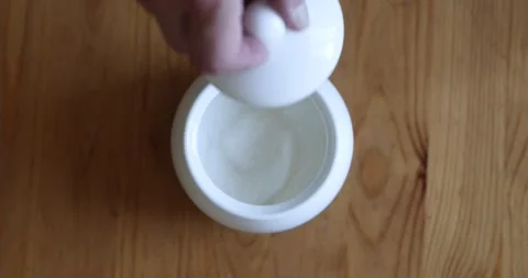 Opening and Closing Ceramic Sugar Bowl Lid Top View Slow Motion Stock Footage 340849503
