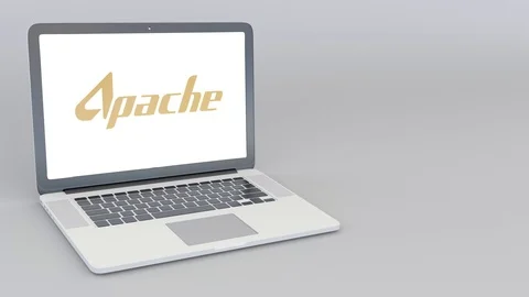 Opening and closing laptop with Apache Corporation logo. 4K editorial animation Stock-Footage 82090545