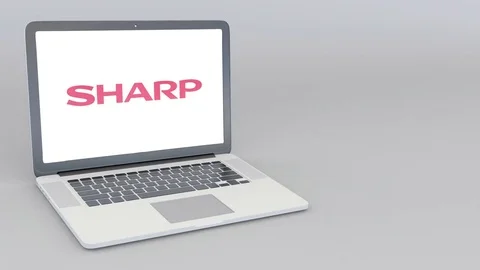 Opening and closing laptop with Sharp Corporation logo. 4K editorial animation Stock Footage 82664632