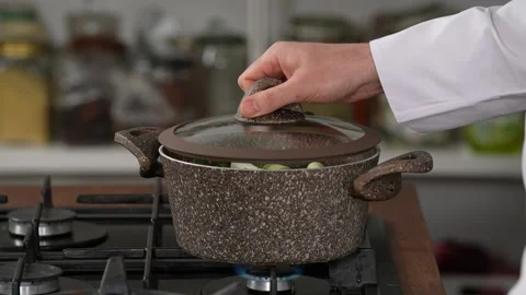 Opening and closing the pot lid Stock Footage 183560426