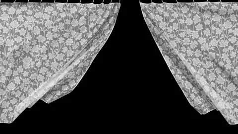 Opening and Closing White Transparent Curtain with a Flowers Pattern Stock Footage 295032372