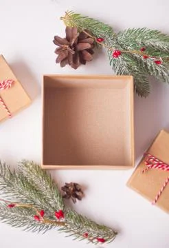 Opening and empty Christmas gift box on the white background with pine branch Stock Photos