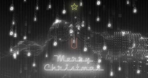 Opening backdrop flickering dots emerging neon Christmas tree cascading binary Video stock 317264819