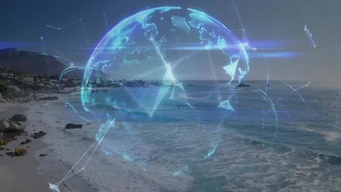 Opening on beach, cyan nodes appearing, connecting into rotating holographic Stock Footage 317265153