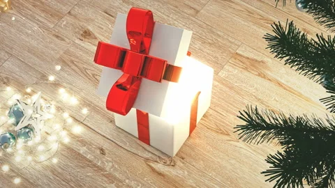 Opening Beautiful Gift Box With Ribbons and Big Bow with magic light inside. 3d Stock Footage 143718784
