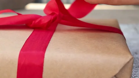 Opening Beautiful Gift Box with Ribbons and. Unpacking Present gift Stock Footage 144091493