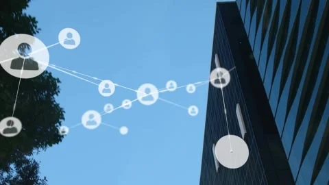 Opening between glass tower and tree upon user node appearing web growing 스톡 동영상 327447842