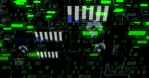 On opening binary digits drifting, charts fading, globe icons rotating, Stock Footage 314792085