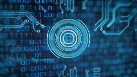 Opening binary grid initiating HUD rings pulsing rotating flickering circuits Video stock 317154999