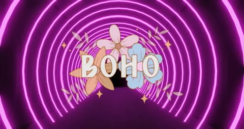 Opening on black, floral BOHO logo neon arches animating tunnel and flowers 库存影片 315520220