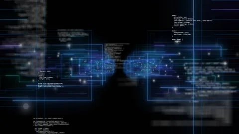 Opening black frame showing neon-blue frames emerging, shifting inward, pulsing Stock Footage 312486207