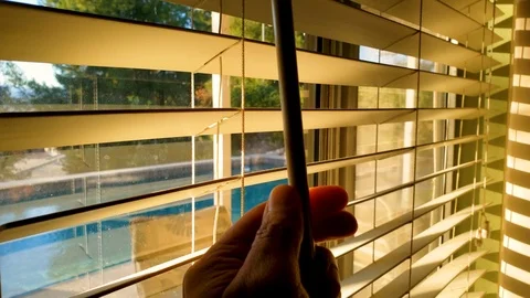 Opening the blinds by the backyard window Stock Footage 101972613