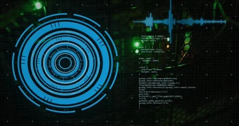 Opening blue circular HUD starting code scroll, audio waveform pulsing showing Stock-Footage 329859649