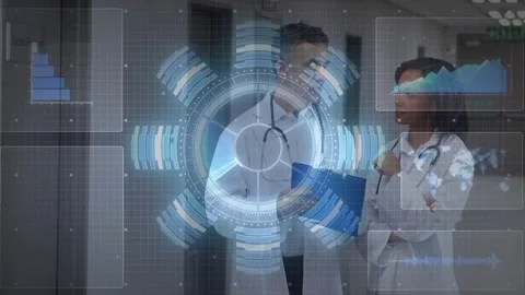Opening blue folder, doctors reviewing medical charts while hologram rotating Video stock 318115592