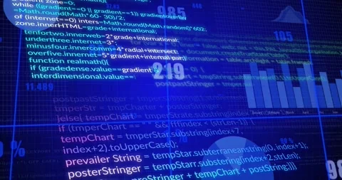 Opening blue grid starting code and chart scrolling updating data percentages Video stock 317459752