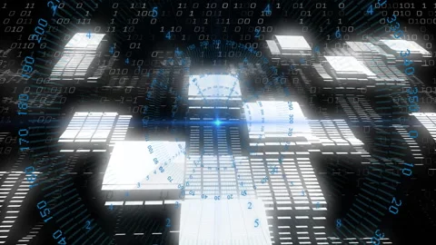 Opening blue light initiating panel forming, binary code rising and gauge Video stock 312082047