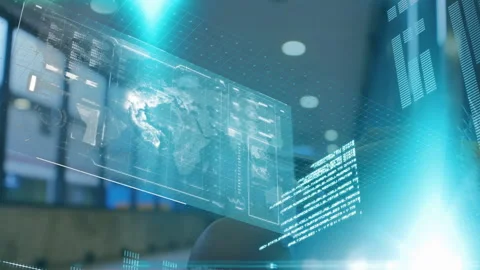 Opening blue light revealing rotating world map above laptop as tech researcher Stock Footage 311216958