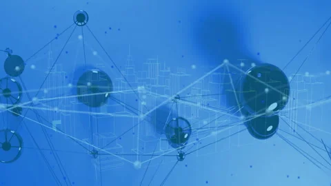 Opening on blue screen, dark nodes linking and pulsing on lines, expanding Stock Footage 310669790