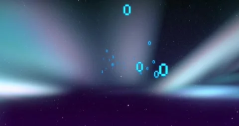 Opening on blurred horizon, cyan binary cluster shifting, rotating, pulsing, Vídeos de archivo 321550152