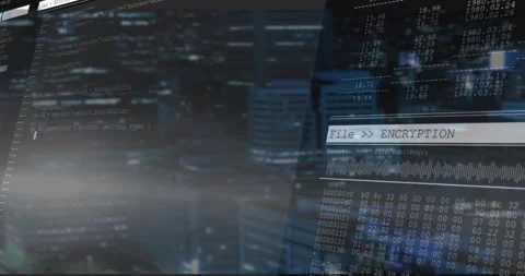 Opening blurred skyline, encryption overlay sliding, updating data, code looping Stock Footage 314792184