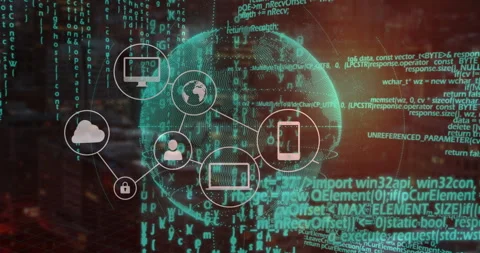 Opening on blurred skyline with green code, wireframe globe rotating and icons Vídeos de archivo 310324505