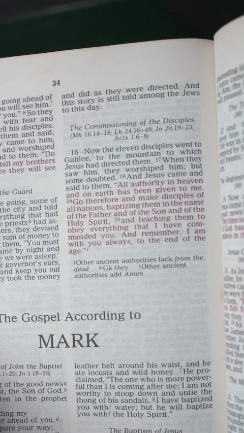 Opening to the book of Matthew Chapter 28 verse 18 to 20, of the New Testament. Stock Footage 342480838