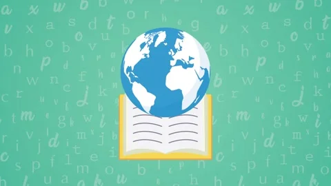Opening book with spinning globe animation over a green background with let.. Stock Footage 334091333