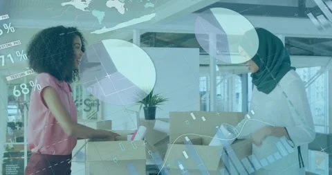 Opening boxes in tech office and testing DSLR camera, women capturing peer while Stock Footage 329367263