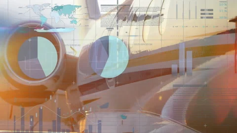 Opening business jet fading data table sliding pie chart map panning engine Stock Footage 309683674