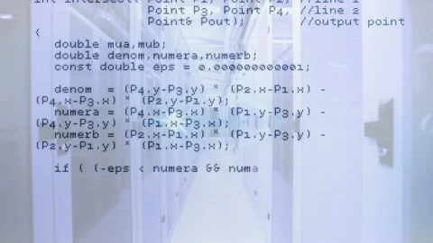 Opening with C++ code overlay scrolling across server aisle reading HTTP data Stock Footage 310643414