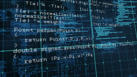 Opening C++ code scrolling upward on grid visualizing networking and geometry Stock Footage 311699158