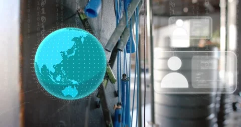 Opening with cables, 3D globe rotating, binary cascading, UI panels sliding Stock Footage 316967868