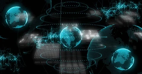 On opening central dotted globe rotating, rings pulsing, panels brightening, Stock Footage 321782724