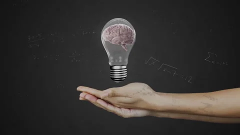 Opening on chalkboard, hands cupping, lightbulb enclosing rotating brain forming Stock Footage 313078195