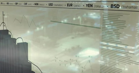Opening chart on city lights, currency codes cycling, bars changing, line Video stock 309683031
