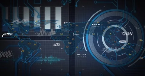 Opening with chart stabilizing world map grid fading HUD rotating hex data Stock Footage 320127622