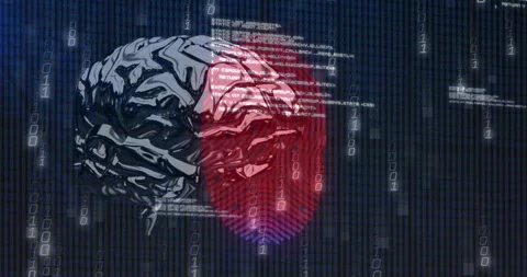 Opening chrome brain rotating, streaming binary digits, fading code blocks and Stock Footage 320089428