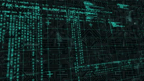 Opening circuit grid sliding lines then cascading teal code streams for data Stock Footage 310140995