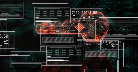 Opening circuit grid starting key fading, panels updating numbers, glow Stock Footage 310864702