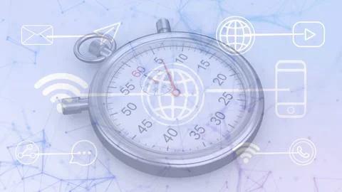 Opening close-up starting network lines, stopwatch ticking and icons pulsing Stock Footage 317264810