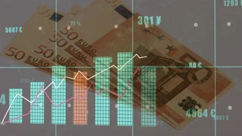 Opening closeup revealing 50€ note, chart updating labels, bars rising, showing Stock Footage 328656823