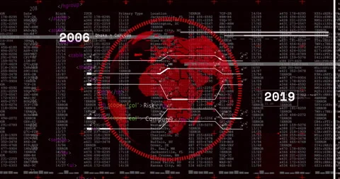 Opening code causing red globe rotating connecting nodes terms fading Video stock 310406502