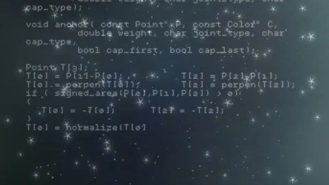 Opening code editor with star overlay scrolling upward showing C++ geometry and Stock Footage 311663205