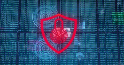 Opening code grid starting shield icon padlock pulsing, waves and symbols Stock Footage 317799817