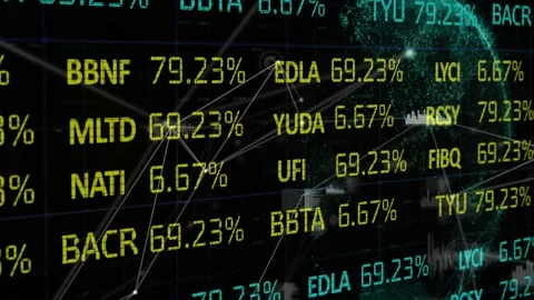 Opening code grid updating percentages, shifting network, rotating globe Stock Footage 317115856