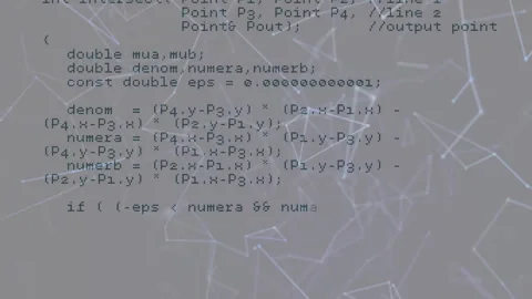 Opening code snippet animating API calls and geometric functions over glowing Stock Footage 313307595