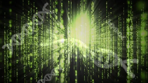 Opening code streams converging glowing core while drifting DNA helices rotating Stock Footage 319573926