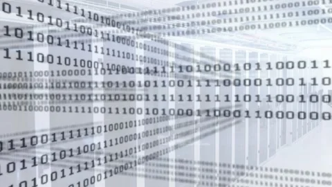 Opening corridor showing server racks scrolling binary code while camera panning Stock Footage 317593154